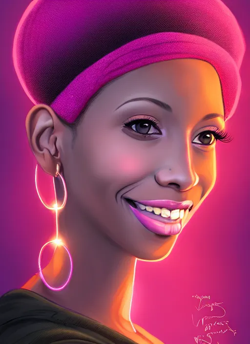 Prompt: portrait of young vanessa morgan with bright pink hair, black girl, vanessa morgan, curly pixie cut hair, wearing purple newsboy cap, newsboy cap, subtle smile, hoop earrings, intricate, elegant, glowing lights, highly detailed, digital painting, artstation, concept art, smooth, sharp focus, illustration, art by wlop, mars ravelo and greg rutkowski