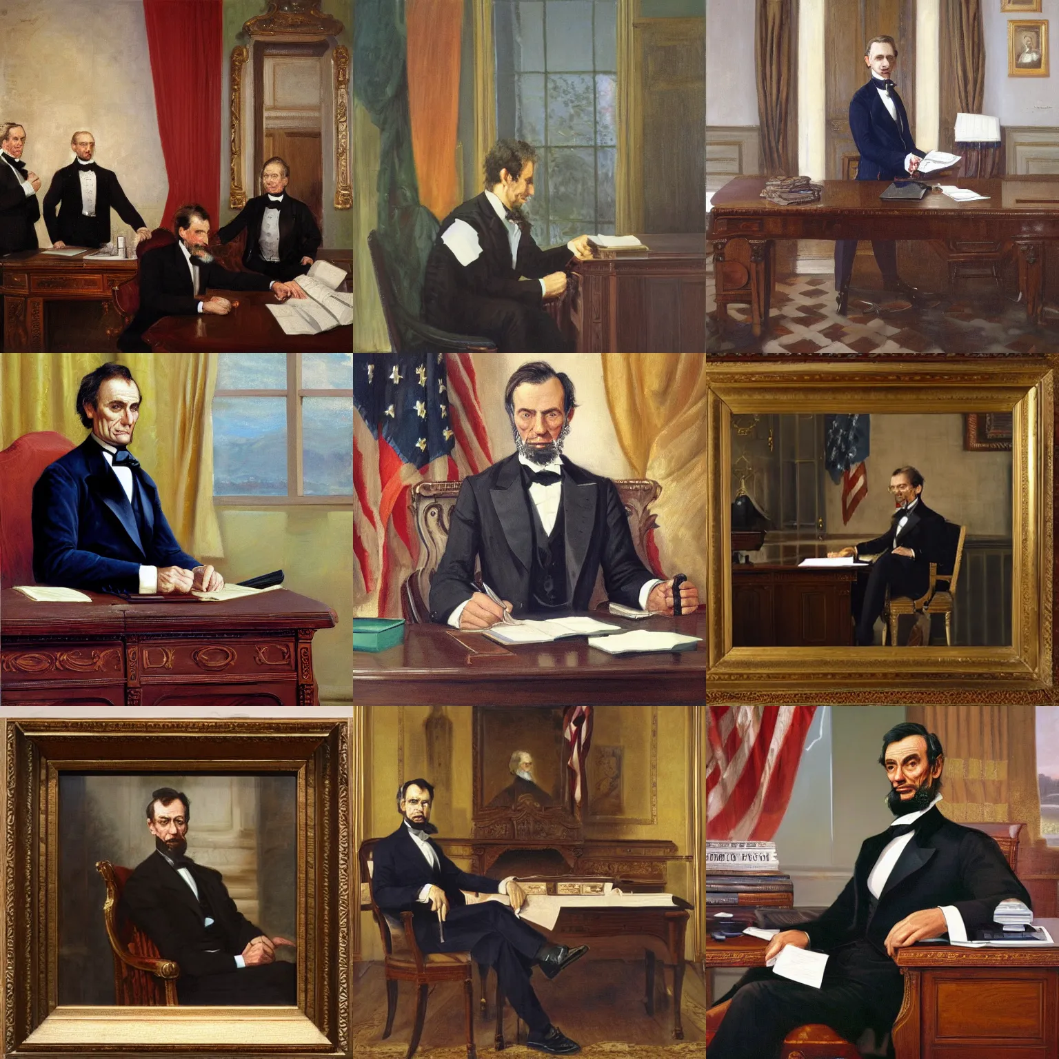 Prompt: portrait of the united states president, suit and tie, sitting at the resolute desk, he resembles abraham lincoln, oil on canvas by william sidney mount - 1 9 9 8, trending on artstation