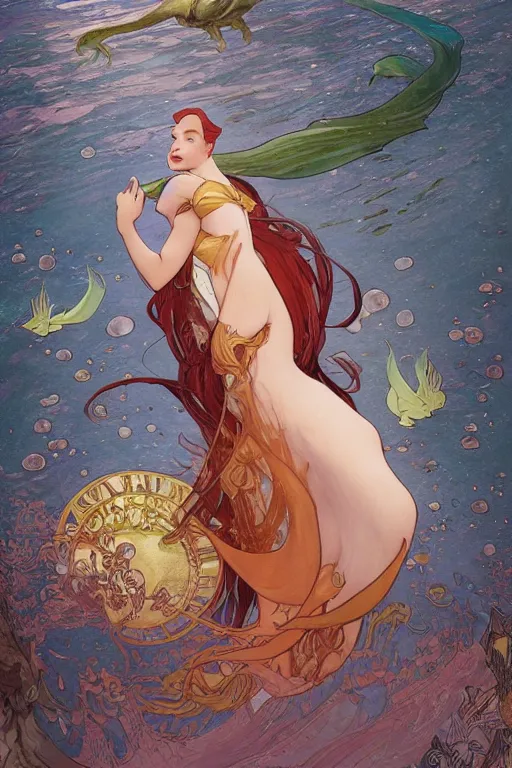 Image similar to Ariel in The Little Mermaid, highly detailed, digital painting, artstation, concept art, smooth, sharp focus, illustration, ArtStation, art by artgerm and greg rutkowski and alphonse mucha and J. C. Leyendecker and Edmund Blair Leighton and Katsuhiro Otomo and Geof Darrow and Phil hale and Ashley wood and Ilya repin and Charlie Bowater