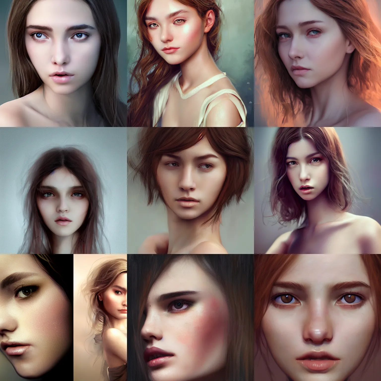 Prompt: a realistic photo portrait of beautiful 👧 with soft 👀 fashion modeling pose, full body, like a professional model, face by WLOP, body by Alex Flores, face symmetry, style of Dan Luvisi, and Charlie Bowater, artstation, rendered, cinematic color grading, muted colors, soft light, rule of thirds, cinematic