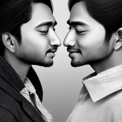 Image similar to perfectly centered symmetrical split male and female portrait of indian romance couple man and woman in love sharing one heart ; digital artwork by'kyuyong eom'and artgerm, photorealistic, highly detailed ; trending on artstation