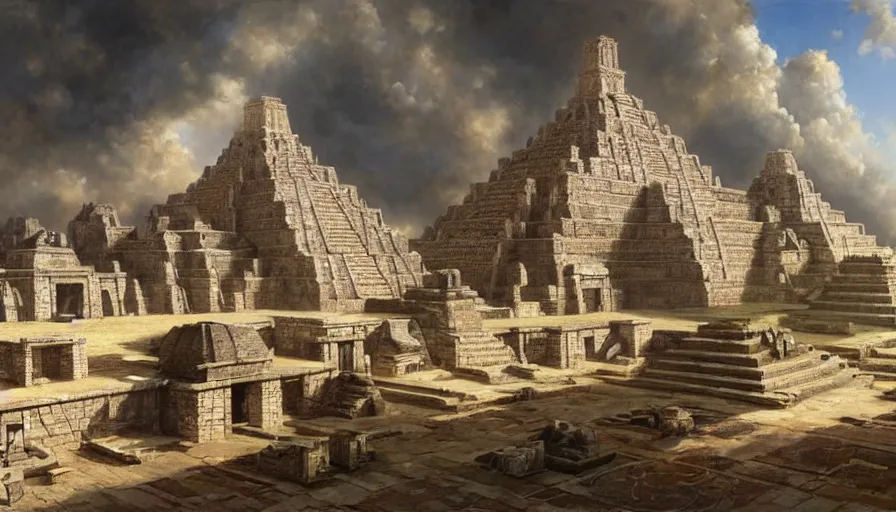 Prompt: excellent hyperrealist painted futuristic Aztec temples somewhere in Europe with fluffy clouds, painted by Hans Fredrik Gude, Greg Rutkowksi, Craig Mullins and Artgerm, masterpiece, 4k, ultra realistic highly detailed oil painting