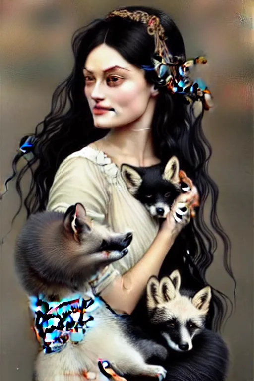 Image similar to Phoebe Tonkin dressed in Victorian fashion with black hair, holding a white fox in her arms, D&D, fantasy, intricate, elegant, highly detailed, digital painting, artstation, concept art, matte, sharp focus, illustration, art by Artgerm and Greg Rutkowski and Alphonse Mucha