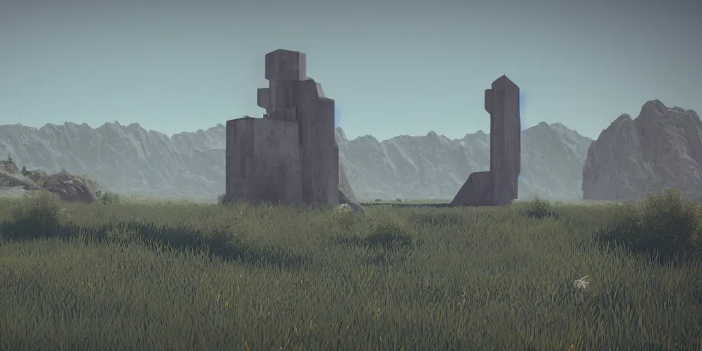 Image similar to 3d painted landscape with a single small yugoslavian brutalism monument in the center by james jean in no mans sky style, redshift, octane