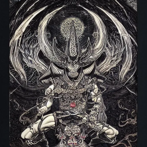 Prompt: black paper + tarot card + Giant Muscular Baphomet wearing Samurai outfit, vintage detailed fantasy illustration painted by Chie Yoshii + psychedelic black light style + intricate ink illustration + symmetry + bloodborne