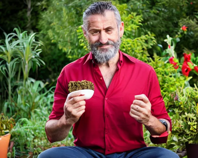 Image similar to mr robert is drinking fresh tea, smoke pot and meditate in a garden from spiral mug, detailed smiled face, muscular hands, golden hour closeup photo, red elegant shirt, eyes wide open