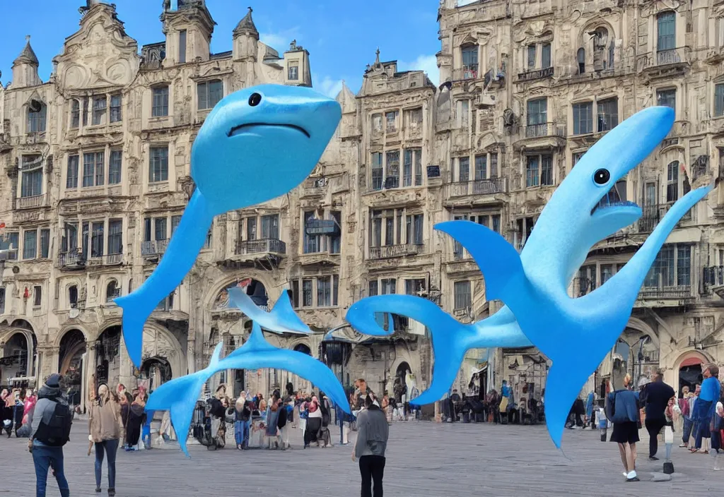 Image similar to 3 d 🦈 popping out of curved screen, town square