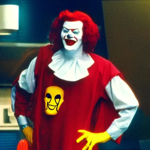 Prompt: A still of Ronald McDonald as a supervillain in a 1980s movie