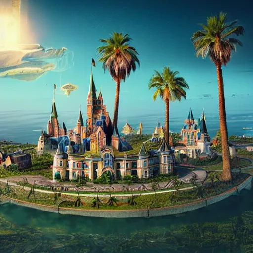 Image similar to the disney castle surrounded by giant palm trees on a giant floating island in the sky, giant realistic light bulb glowing in the sky, cinematic, digital art by erik johansson, 8 k resolution, hyper detailed, sharp focus