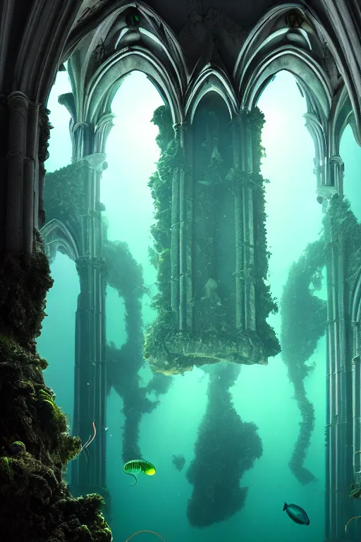 Prompt: high quality photo of cinematic underwater dystopian neo - gothic cathedral ruins with giant luminescent colorful aquatic plants and jellyfish, digital art masterpiece, aykut aydogdu eric zener, dramatic volumetric light, extreme long shot, ground angle uhd 8 k, sharp focus