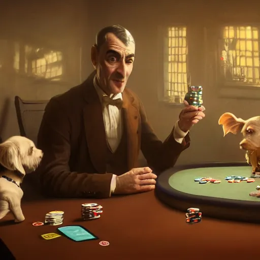 Image similar to a highly detailed matte portrait mister bean playing poker with dogs, standing at a card table, art by artgerm and greg rutkowski and alphonse mucha, volumetric lighting, octane render, 4 k resolution, trending on artstation, masterpiece