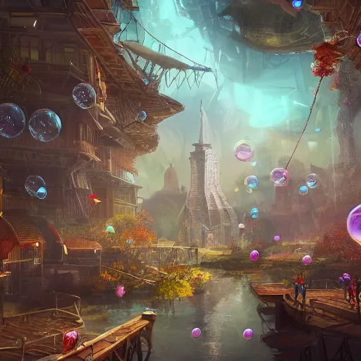 Image similar to a utopian city, filled with fauna, with bubbles floating around everywhere, dynamic lighting, fantasy concept art, trending on art station, stunning visuals, creative, cinematic, ultra detailed