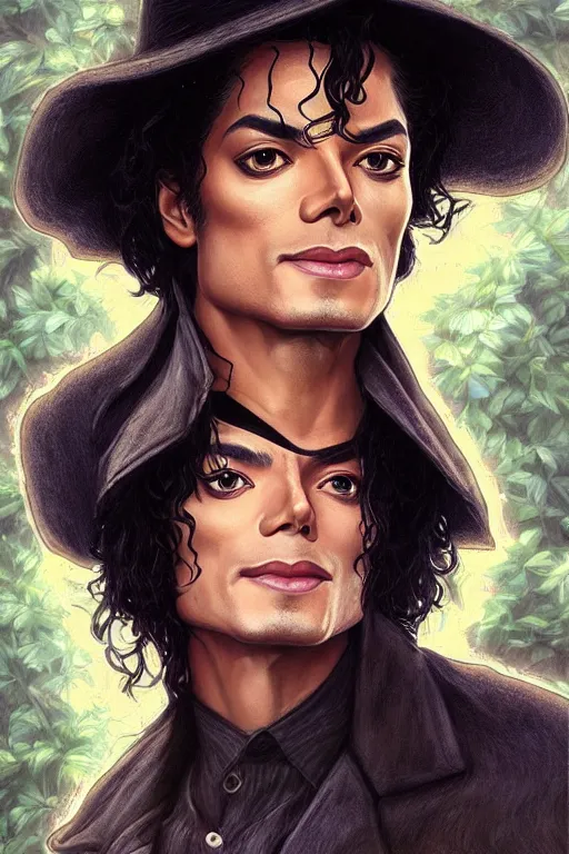 Image similar to male cottagecore michael jackson portrait with nature as background, intricate, swagger, highly detailed, digital painting, artstation, concept art, smooth, sharp, focus, illustration, art by artgerm and greg rutkowski and alphonse mucha