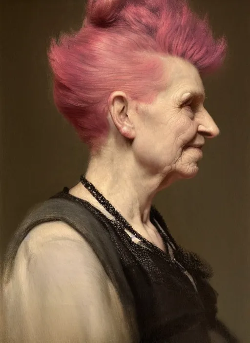 Image similar to a detailed portrait of old woman with a mohawk by edouard bisson, pink hair, punk rock, oil painting, muted colours, soft lighting