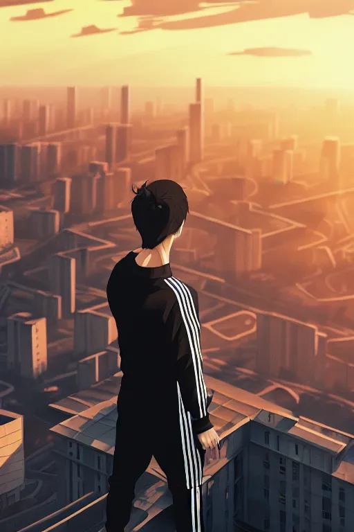 Image similar to Man in black adidas tracksuit looking atop of a urban plateau filled with soviet apartment buildings, golden hour, dreamy, beautiful clouds, ultra detailed beautiful lighting, 4k, wallpaper, russian cityscape, beautiful artwork by Makoto Shinkai