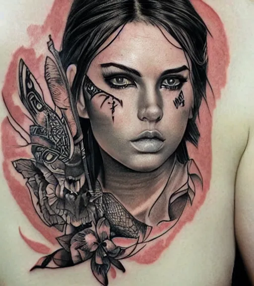 Image similar to tattoo design of a hyper realistic beautiful girl warrior, hyper detailed, inspired by eliot kohek, on white background