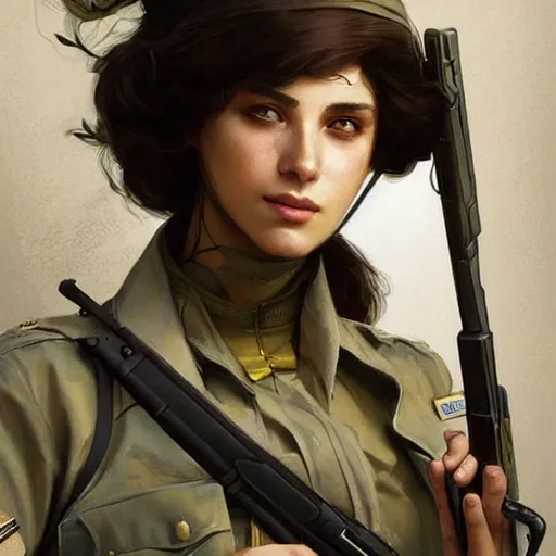 Prompt: beautiful! female jewish israeli soldier, highly detailed digital painting, artstation, concept art, smooth, sharp focus, illustration, art by artgerm and greg rutkowski and alphonse mucha