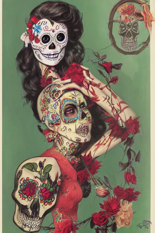 Prompt: illustration of a sugar skull day of the dead girl, art by art frahm