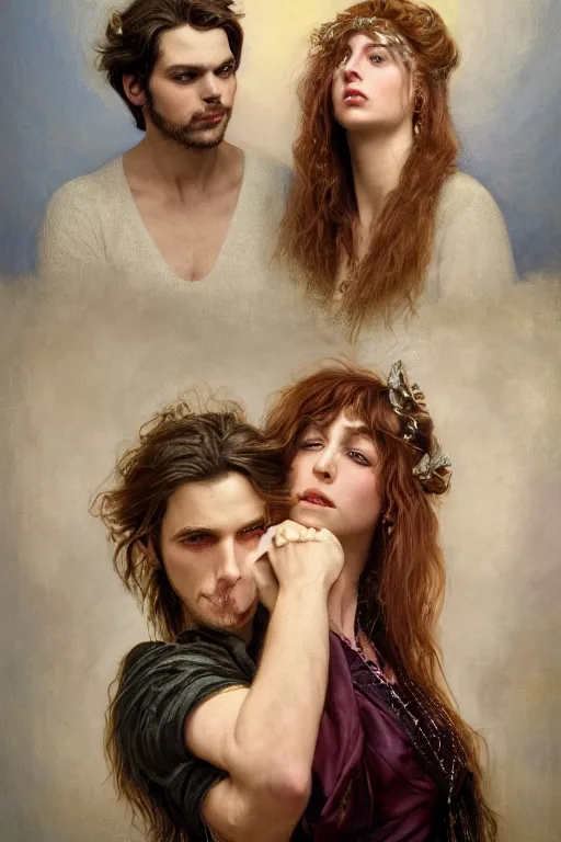 Image similar to a portrait of handsome young male rock star with long hair and his elegant beautiful bohemian wife, bored, illustration, dramatic lighting, soft details, painting oil on canvas, art nouveau, octane render, HDR, 4k, 8k, HD, by Edmund Blair Leighton, Brom, Charlie Bowater, trending on artstation, faces by Tom Bagshaw, Sargent