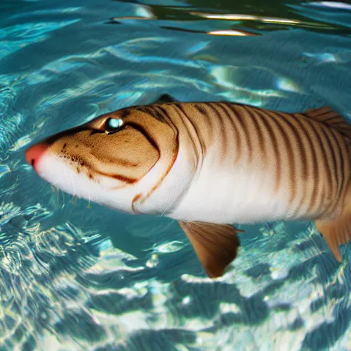 Prompt: a high - quality photo of a cat - fish, furry, whiskers, water, swimming
