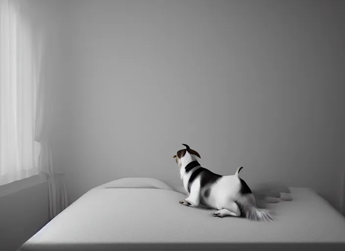 Image similar to photography of a Jack Russel watching outside the window on a bed in a 3d rendered white room, octane render, 3d, foggy, volumetric light, volumetric fog, photorealistic, unreal engine 5