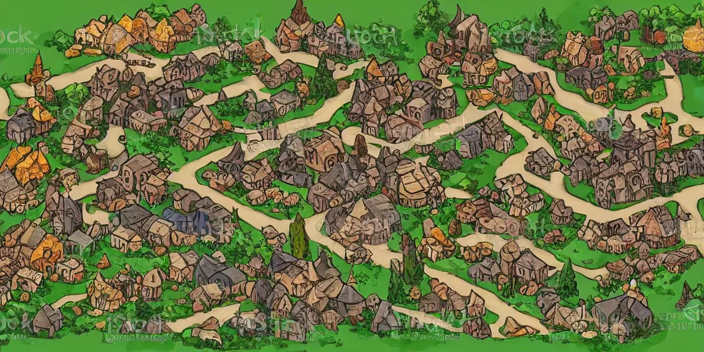 Image similar to a high detailed village vector art presenting an aerial view of a cartoonish rpg village by dungeondraft, dofus, patreon content, containing tables and walls, hd, straight lines, vector, grid, dnd map, map patreon, fantasy maps, foundry vtt, fantasy grounds, aerial view, dungeondraft, tabletop, inkarnate, dugeondraft, roll 2 0