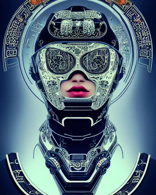 Image similar to portrait of a cyberpunk machine, machine face, upper half portrait, decorated with chinese opera motifs, asian, fine china, traditional chinese art, intricate, elegant, highly detailed, symmetry, headpiece, digital painting, artstation, concept art, smooth, sharp focus, illustration, art by artgerm and greg rutkowski and alphonse mucha, 8 k