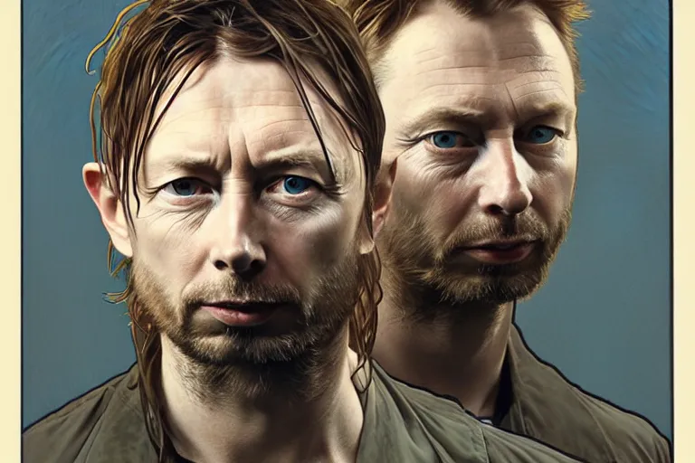 Image similar to hyper realistic portrait of rounder faced thom yorke, bigger nose, bigger chin, sideview, on a stage, by lee bermejo, alphonse mucha and greg rutkowski