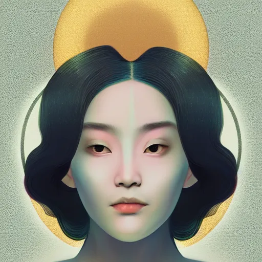 Prompt: a portrait of a very beautiful goddess with halo behind her head, looking in front, in the style of WLOP and Hsiao-Ron Cheng and Ross Tran