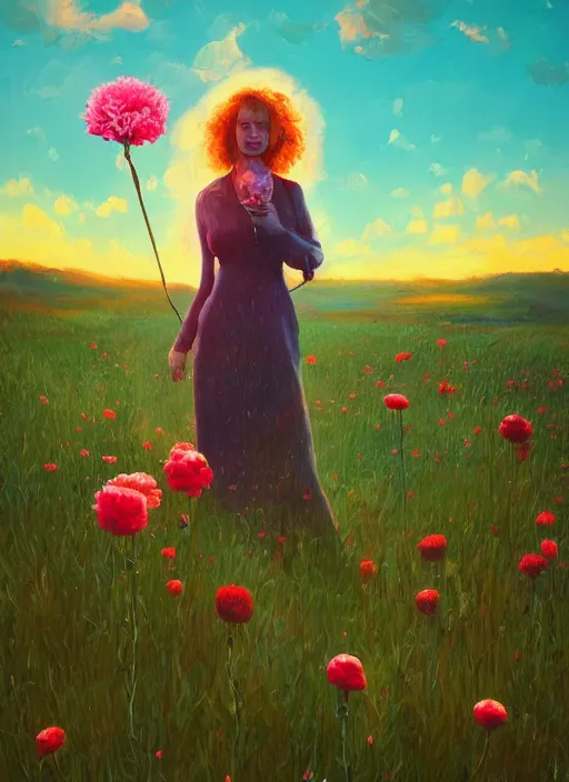 Image similar to portrait of a woman with a giant carnation as a face, flower field, surreal photography, sunset dramatic light, impressionist painting, colorful clouds, blue sky, digital painting, artstation, simon stalenhag