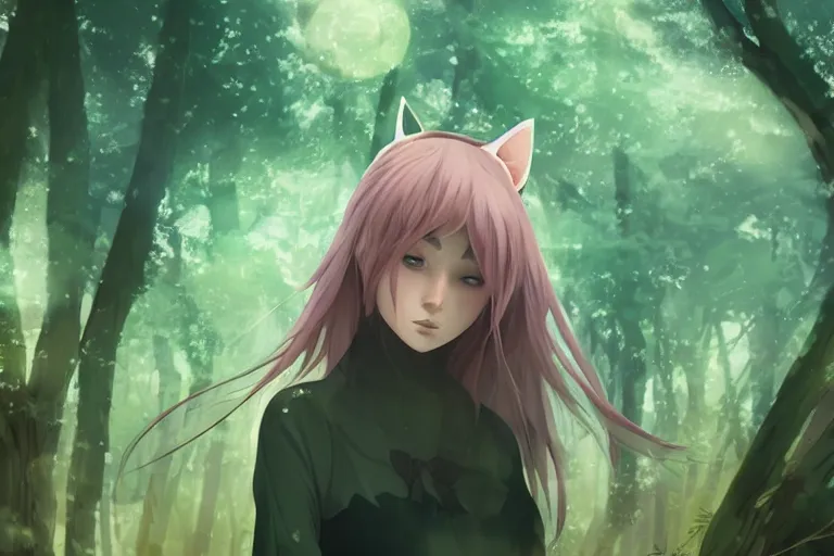 Prompt: female mage with cat ears in a forest, detailed attractive face, fantasy art, anime style, by charlie bowater, by makoto shinkai, by studio ghibli, atmospheric, vector art, 4 k film still, close up portrait