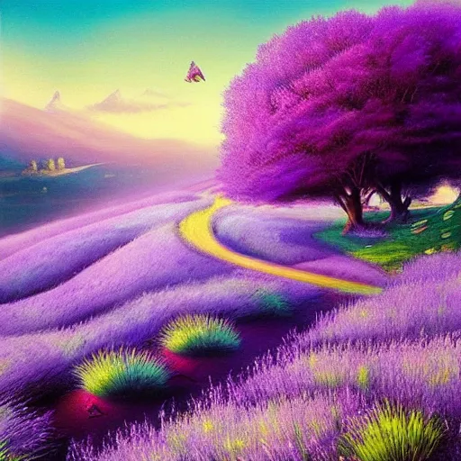 Image similar to A beautiful street art of of a landscape. It is a stylized and colorful view of an idyllic, dreamlike world with rolling hills, peaceful looking animals, and a flowing river. The scene looks like it could be from another planet, or perhaps a fairy tale. lavender by Marek Okon, by Stuart Immonen fine