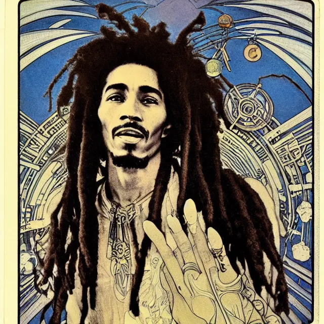 Prompt: polaroid of a vintage record cover by Franklin Booth showing a portrait of Bob Marley as a futuristic space shaman, Alphonse Mucha background, psychedelic art, Reggae, Jamaica, star map, smoke, sciFi