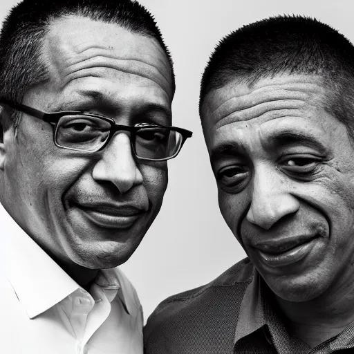 Image similar to b & w shot of pollo hermano w / gus fring ( eos 5 ds r, iso 1 0 0, f / 8, 1 / 1 2 5, 8 4 mm, postprocessed, crisp face, facial features )