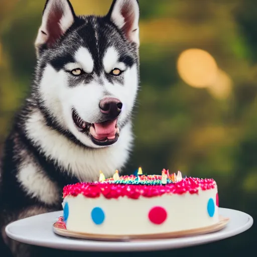 Image similar to a high - quality photo of a happy husky with a birthday cake, 4 5 mm, f 3. 5, sharpened, iso 2 0 0, raw, food photography