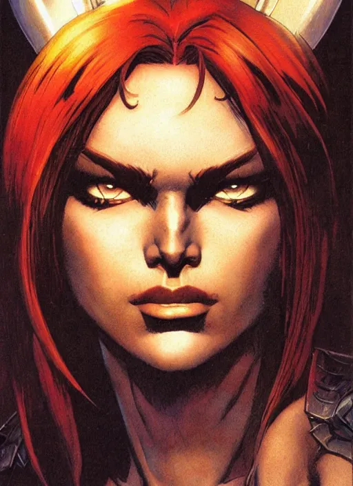 Image similar to face portrait, rogue from xmen, by greg staples, frank frazetta, dorian cleavenger, sharp focus, intricate, summer day, sunlight, soft lighting, detailed