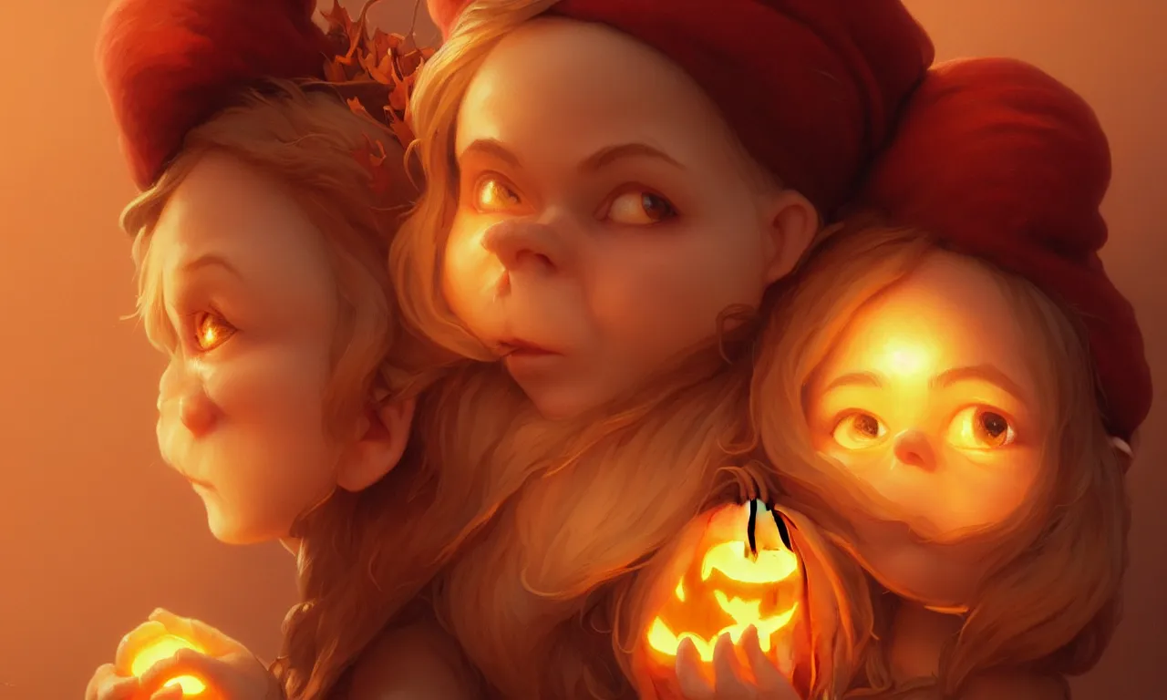 Image similar to hand drawn cute one gnomes face in autumn and pumpkin, detailed closeup face, concept art, low angle, high detail, warm lighting, volumetric, godrays, vivid, beautiful, trending on artstation, art by artgerm and greg rutkowski and alphonse mucha