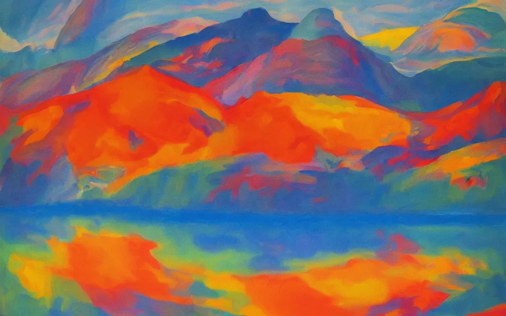 Image similar to the alps and reflection in a lake in the style of georgia o keeffe. colorful, wavy. painting.