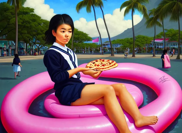 Prompt: portrait of a Mexican Asian mix young woman school with short hair wearing a navy and white sepuku uniform and eating a pizza on a pink floatie in Kalakaua avenue in Waikiki beach, intricate, elegant, highly detailed, centered, digital painting, artstation, concept art, smooth, sharp focus, illustration, by Peter Mohrbacher, WLOP