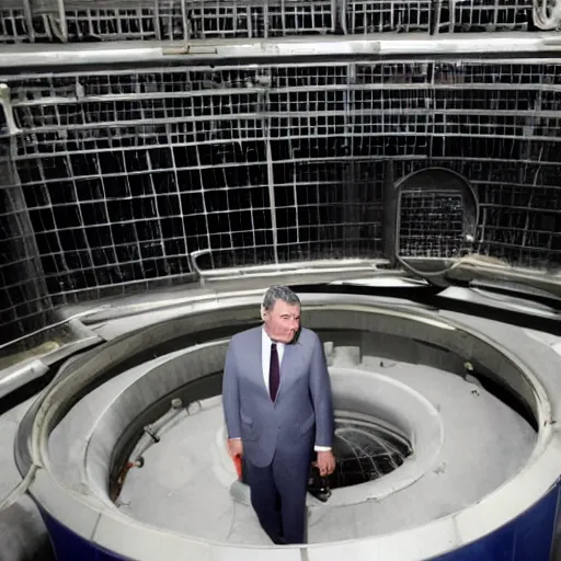 Image similar to the president of spain pedro sanchez sitting in a cooling tower of a nuclear power plant