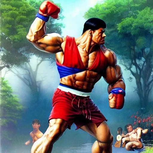 Prompt: ultra realistic forest gump as ryu from street fighter, painting by frank frazetta, 4 k, ultra realistic, highly detailed,