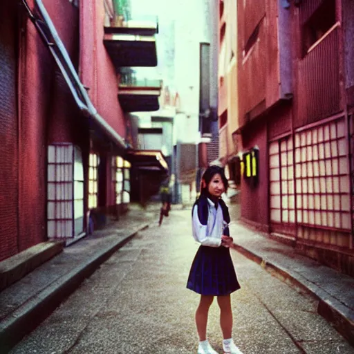 Image similar to 1990s perfect 8K HD professional cinematic photo of a japanese schoolgirl, in sci-fi alleyway at evening, at instagram, Behance, Adobe Lightroom, with instagram filters, depth of field, taken with polaroid kodak portra