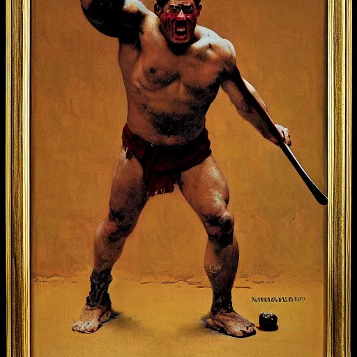 Prompt: portrait of a savage muscular barbarian male by norman rockwell