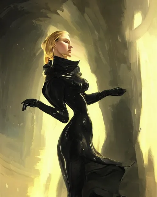 Image similar to detailed portrait of beautiful lady in black coat, seductive confident pose, attractive feminine curves, intricate, futuristic, elegant cape, elegant, photorealism, trending on artstation, holy halo, advanced technology, art by moebius and vitaly bulgarov and peter mohrbacher