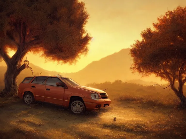 Image similar to close up of a oak tree growing inside a scrap car. overgrown. a soft golden red sunset over the mountains in the background. clouds. hyperrealistic, highly detailed, cinematic, beautiful, cgsociety, artstation, 8 k, oil painting by greg rutkowski, by artgerm, by wlop