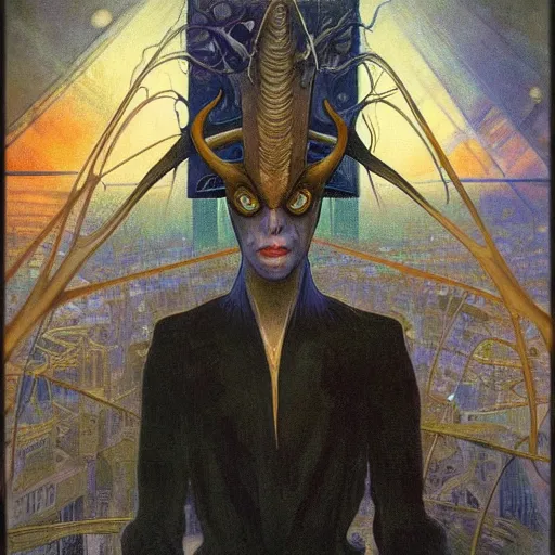 Image similar to realistic detailed portrait painting of a beautiful mysterious man with devil horns standing in a city at night background by Jean Delville, Amano, Yves Tanguy, Alphonse Mucha, Edward Robert Hughes, Roger Dean, rich moody colours, blue eyes