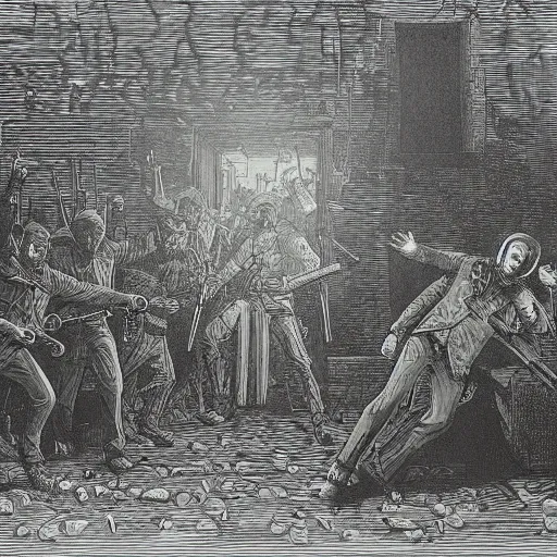 Image similar to A scene from Counter Strike, wood engraving, by Gustave Dore