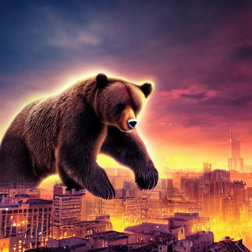 Prompt: a giant bear attacking the city, photomanipulation, photoshop, digital art