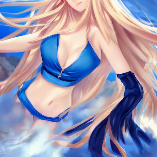 Prompt: a very beautiful young anime chess girl, full body, long wavy blond hair, sky blue eyes, full round face,, bikini, miniskirt, front view, mid - shot, highly detailed, cinematic wallpaper by stanley artgerm lau