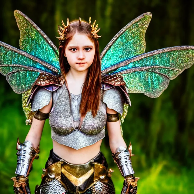 Image similar to full body photo of a fairy warrior wearing sparkly armour, highly detailed, 4 k, hdr, smooth, sharp focus, high resolution, award - winning photo